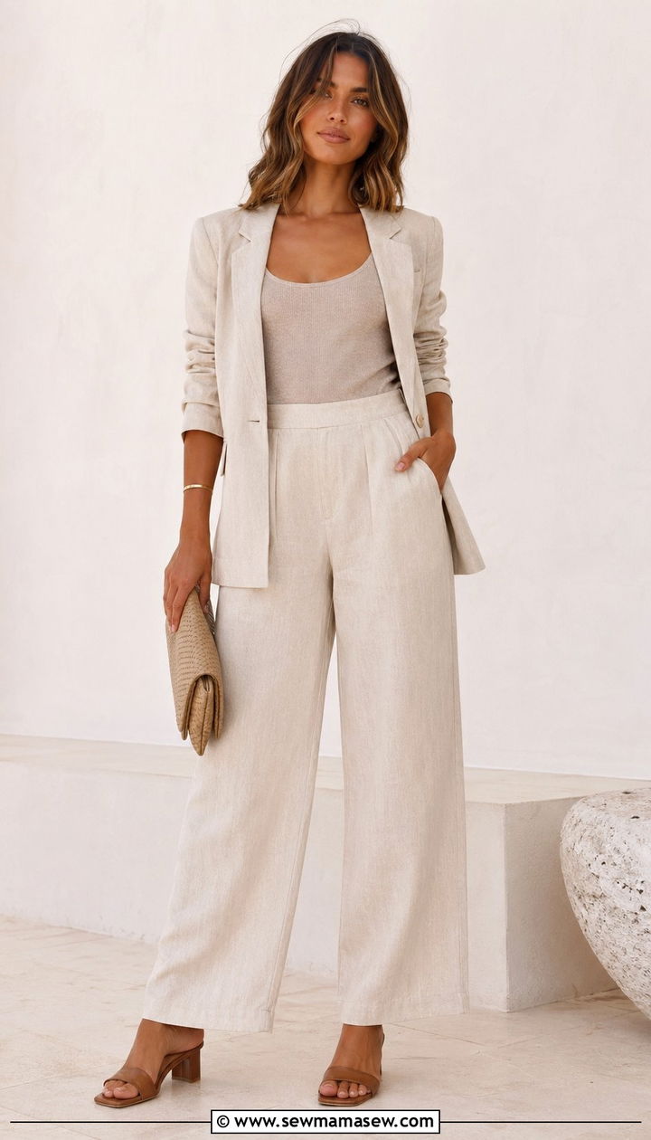 Neutral ribbed tank under a blazer with beige trousers and mules - 30 10 piece summer capsule wardrobe