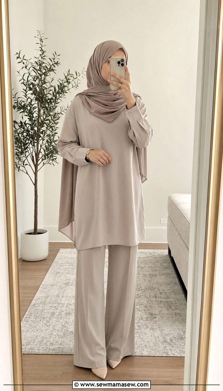 Neutral tone co ord set with matching hijab outfit - 35 Modest work outfit ideas
