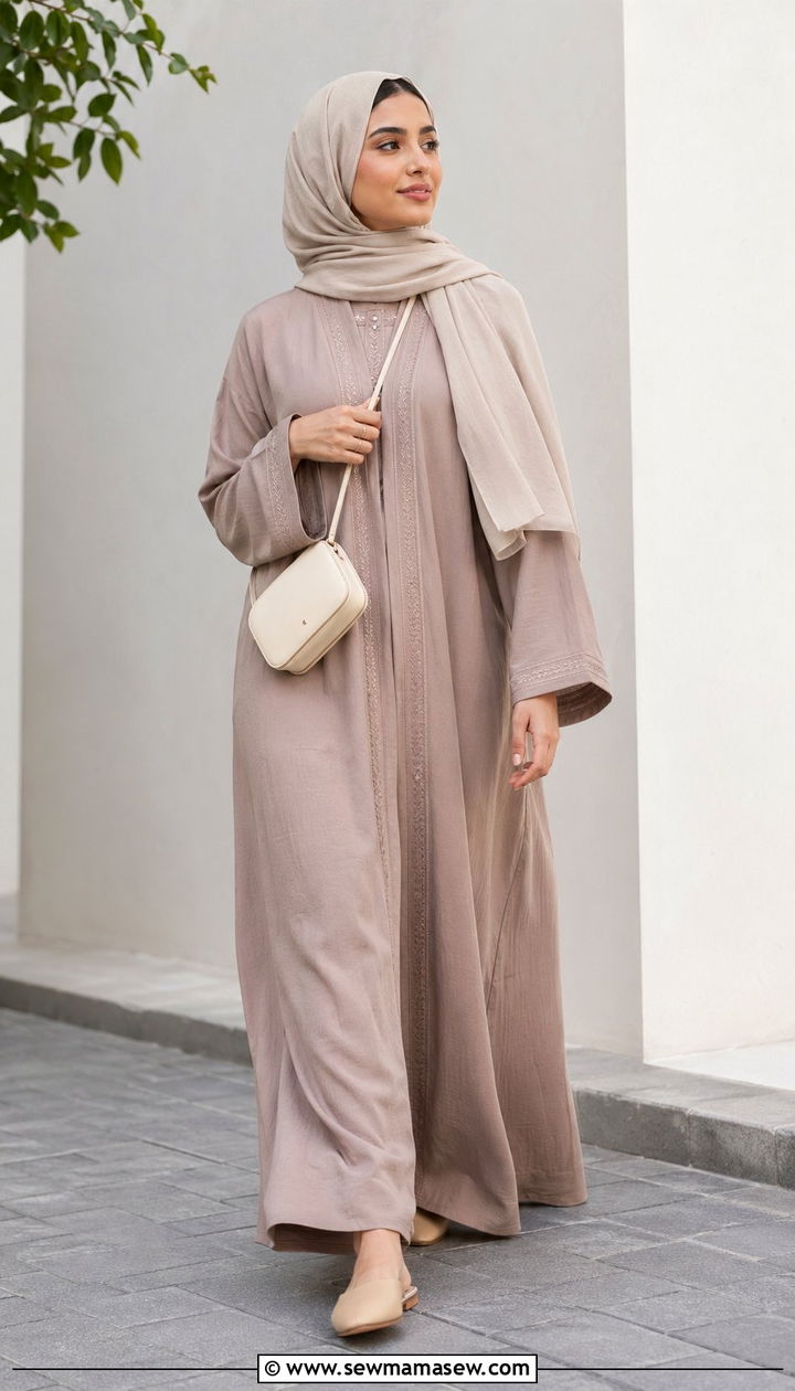 Neutral toned abaya with a crossbody bag - 35 Modest outfit ideas for Muslim women
