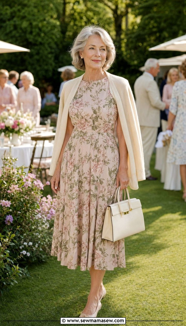 Nude ballet flats with a floral midi dress and lightweight cardigan - 35 Old money outfit ideas for women over 60