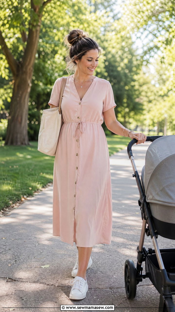 Nursing Friendly Midi Dress with White Sneakers - 35 casual outfits for new moms