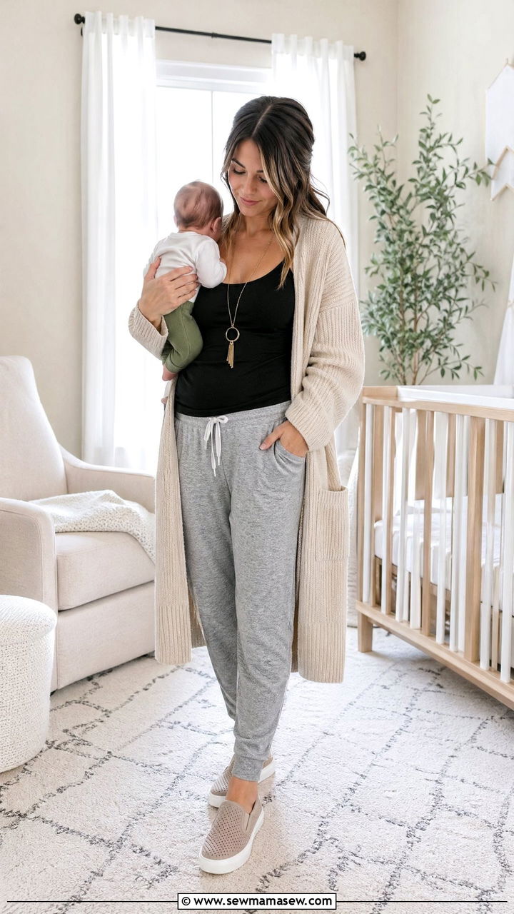 Nursing Tank with Oversized Cardigan and Joggers Outfit - 35 casual outfits for new moms