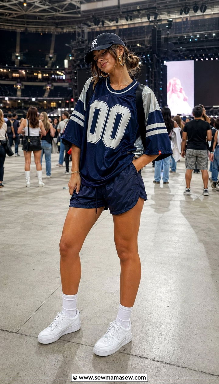 Nylon Shorts With Oversized Jersey Sporty Concert Look - 30 what to wear to a summer concert