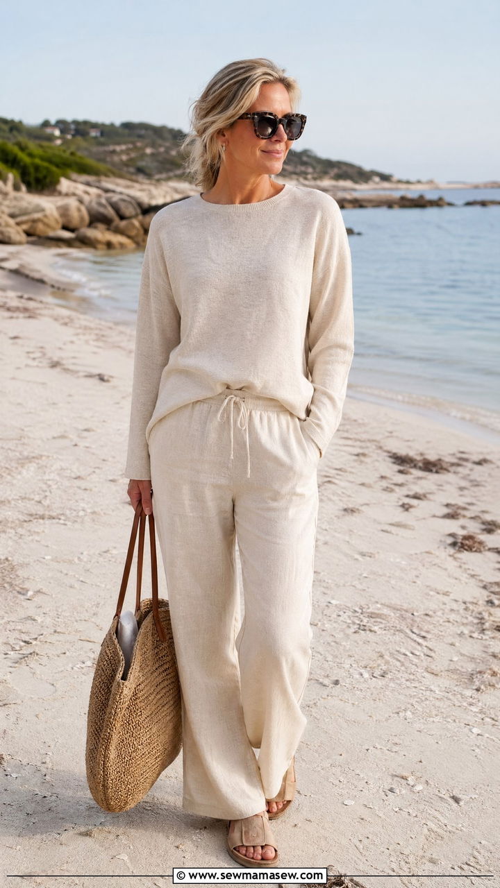 Oatmeal Linen Sweater and Drawstring Linen Pants - 35 coastal grandmother outfits for women