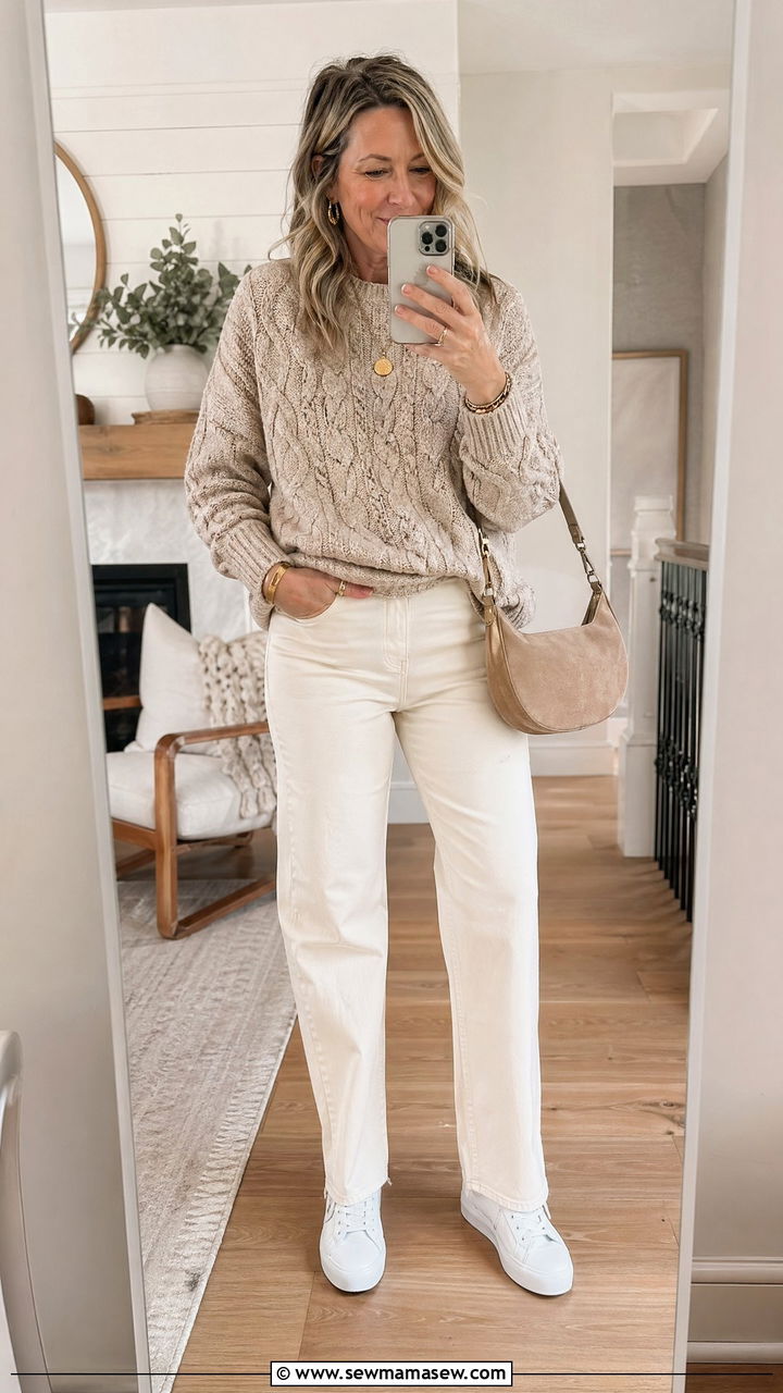 Oatmeal knit sweater with cream jeans outfit - 35 Clean girl outfits for women over 40