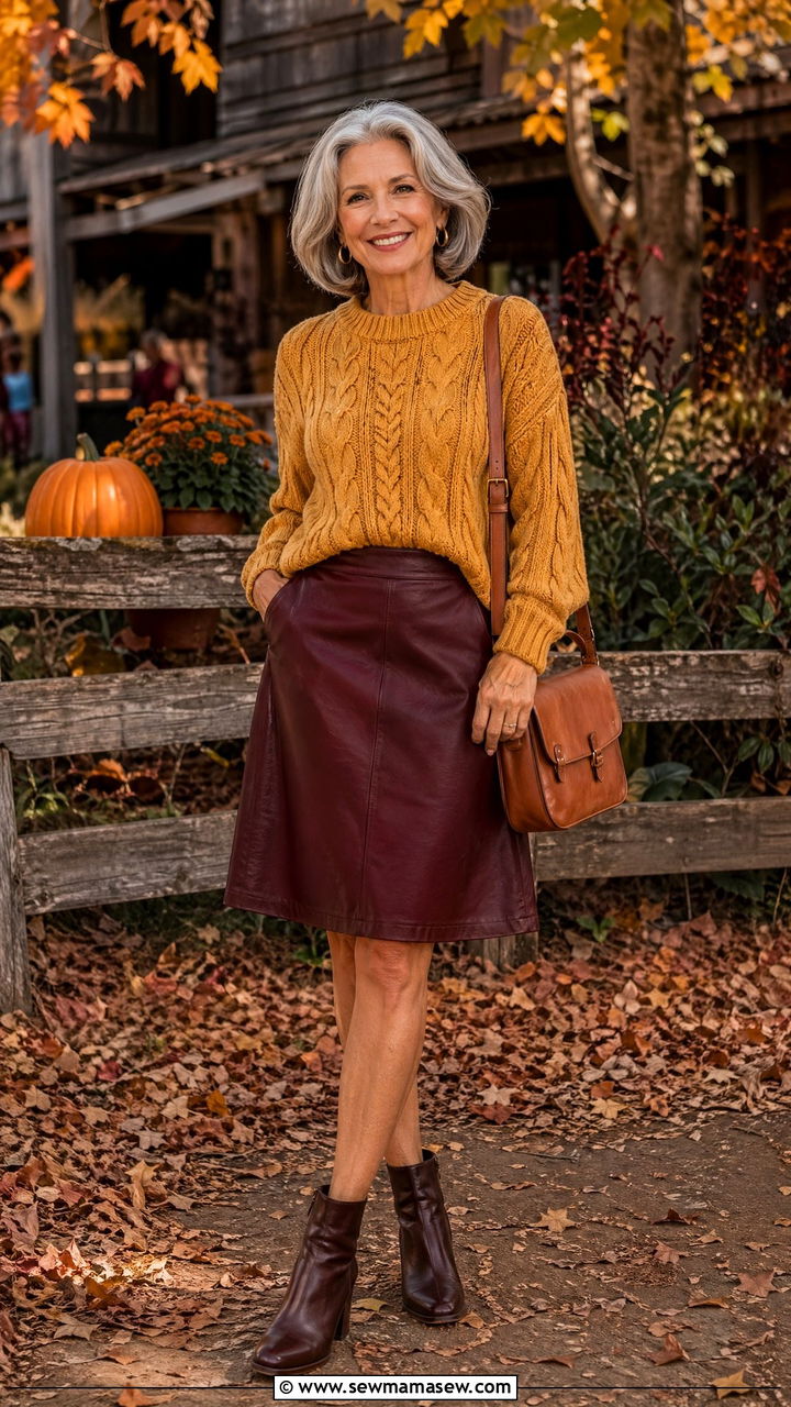 Ochre Cable Knit Sweater Over a Burgundy A Line Leather Skirt - 35 Skirt outfit ideas for women over 60