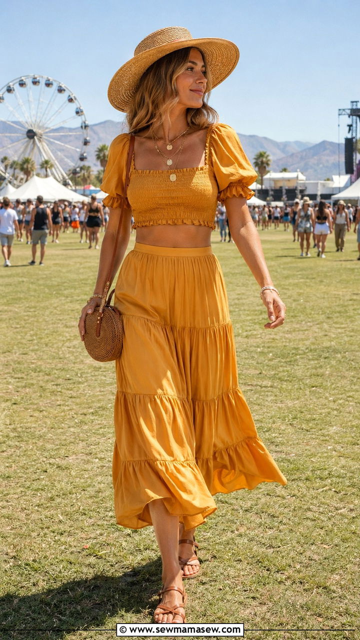 Ochre Yellow Silk Smocked Crop Top and Tiered Maxi Skirt Set - 30 Silk matching set outfit ideas