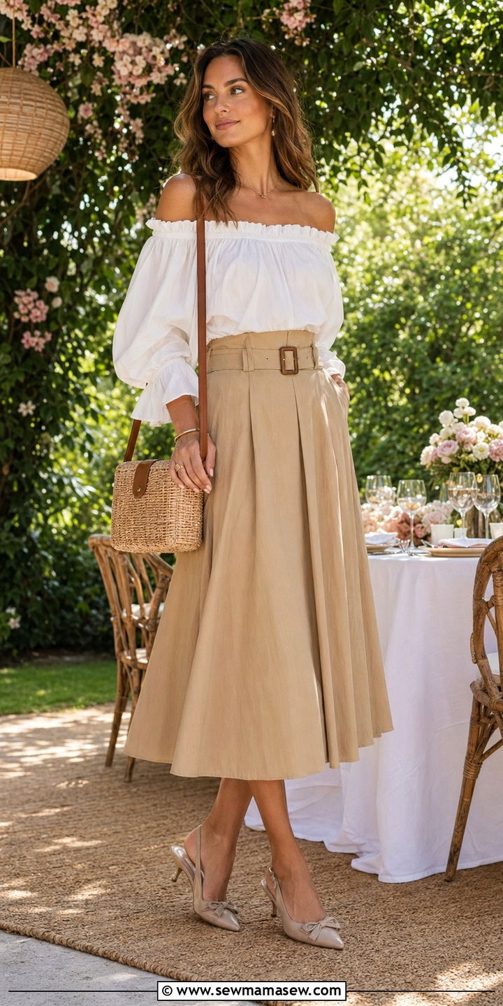 Off Shoulder Blouse with Belted Midi Skirt - 35 Outfit ideas for tall women