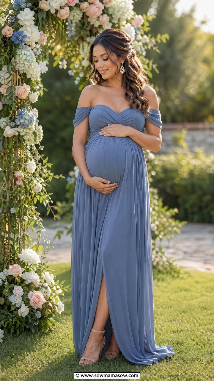 Off Shoulder Blue Maxi Dress Baby Shower Outfit - 35 spring baby shower outfit ideas