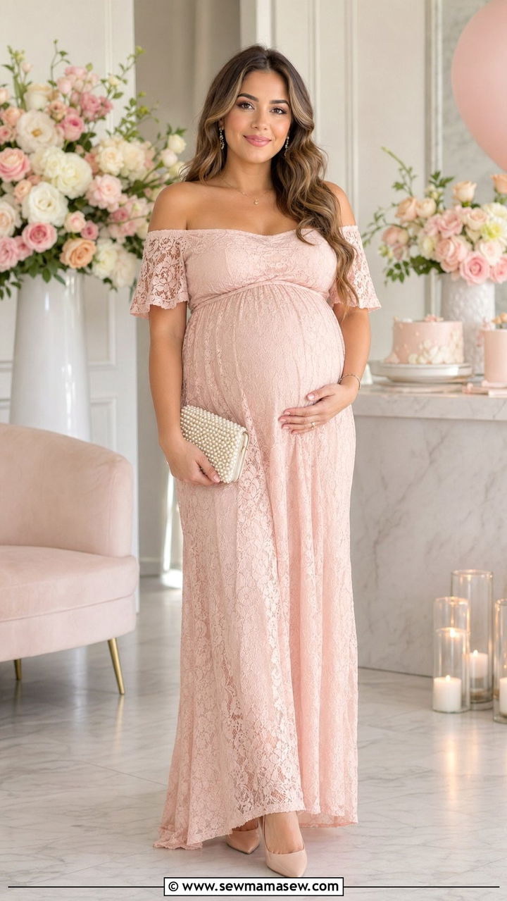 Off Shoulder Blush Lace Maxi Dress Baby Shower - 30 Baby shower outfits for mom to be