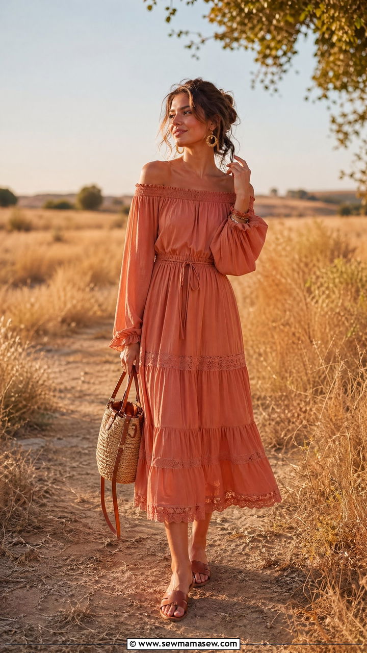 Off Shoulder Boho Dress with Flat Sandals - 35 summer boho chic outfit ideas