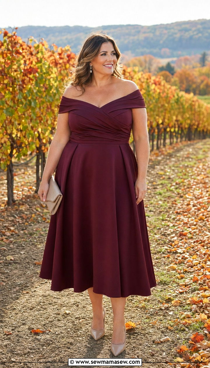Off Shoulder Burgundy Midi Dress With Pointed Toe Pumps - 30 wedding guest outfits for apple shaped body
