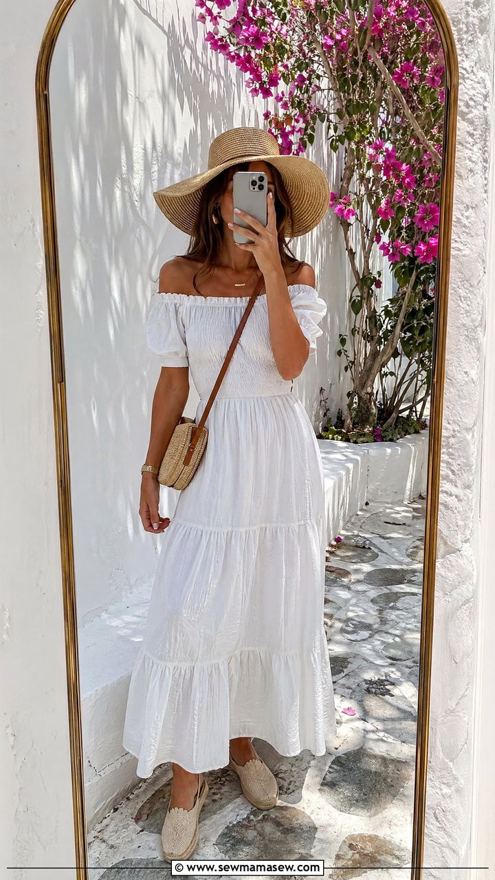 Off Shoulder Dress With Espadrilles And Raffia Hat - 35 summer greece vacation outfit ideas