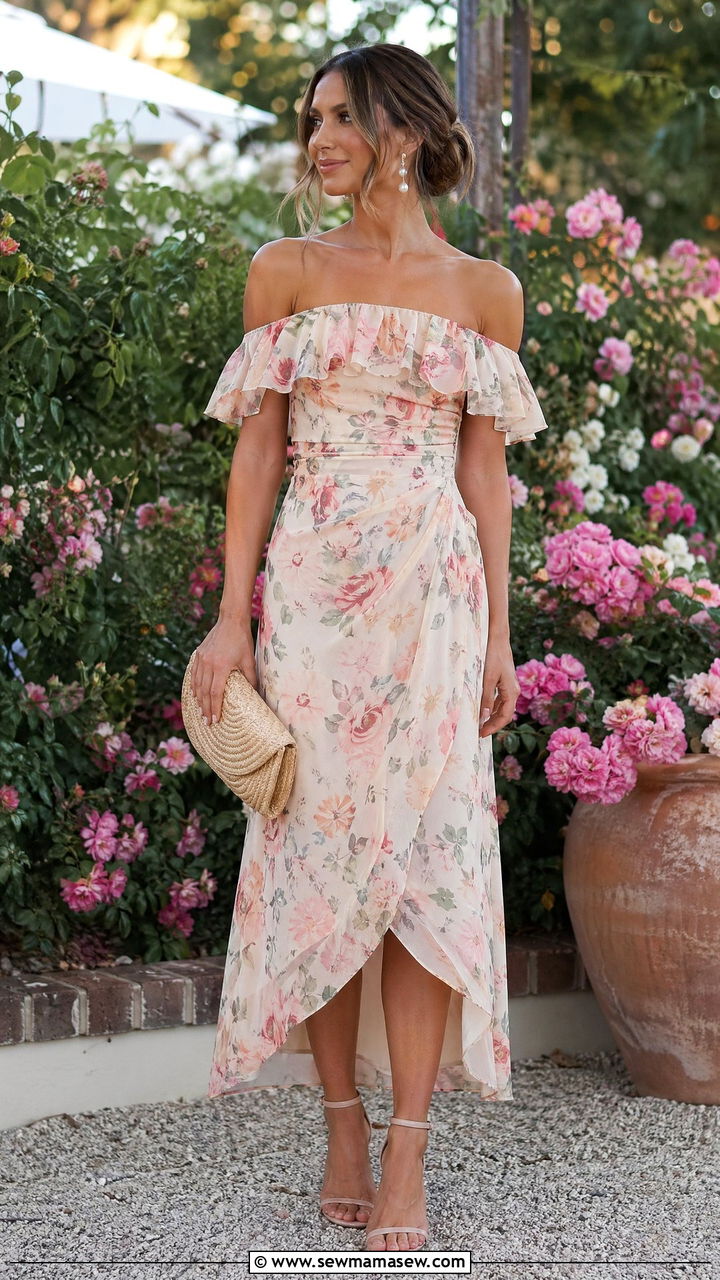 Off Shoulder Floral Dress with Strappy Sandals Outfit - 35 spring dress outfit ideas