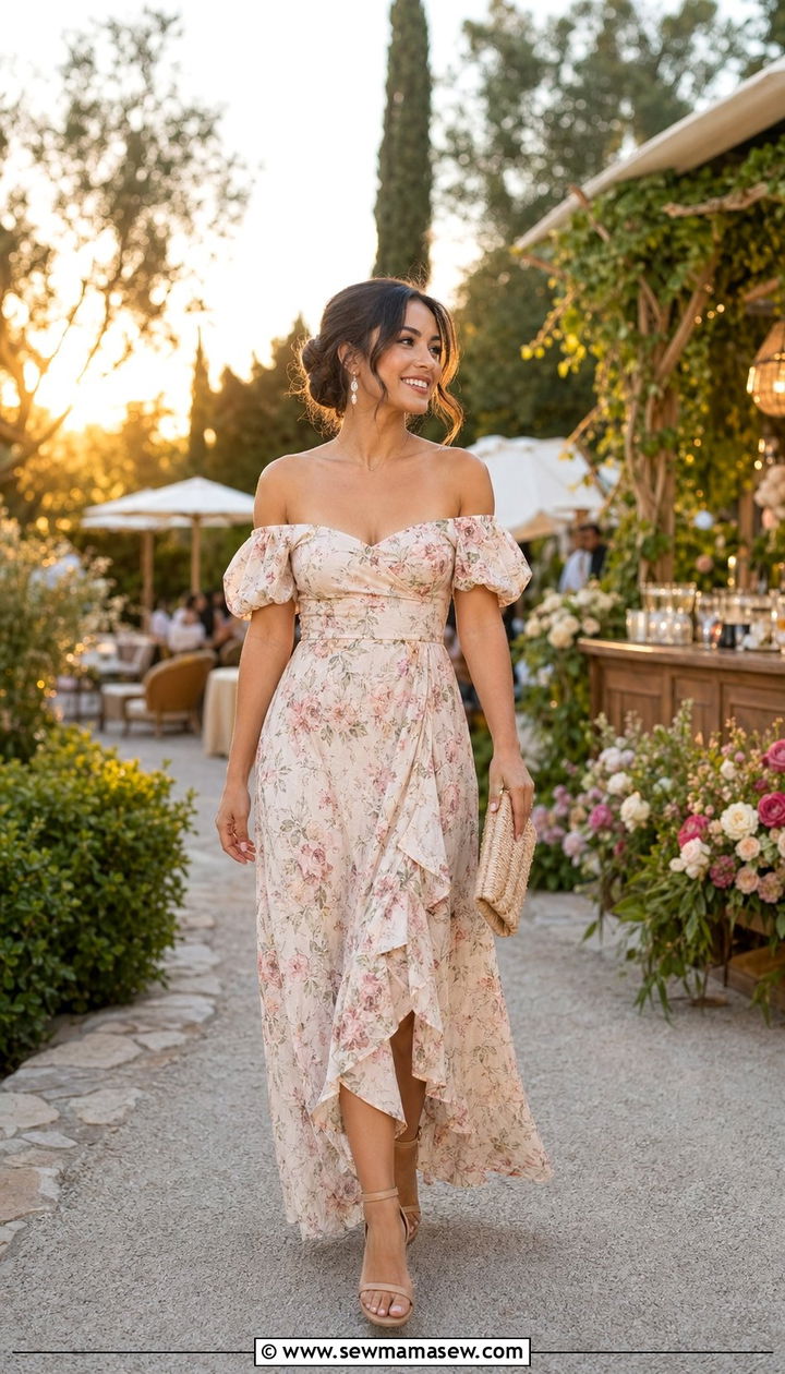 Off Shoulder Floral Maxi Dress With Heeled Sandals - 35 Petite outfit ideas for wedding guest