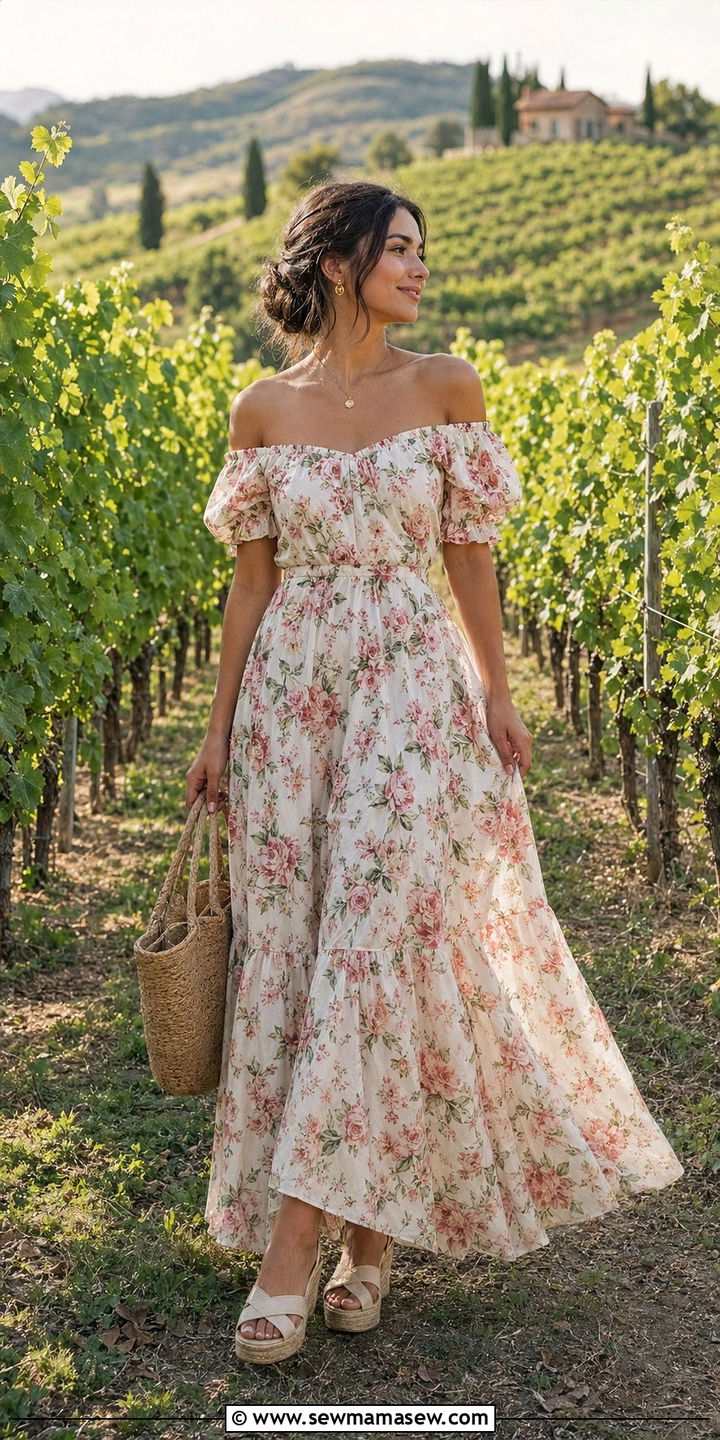 Off Shoulder Floral Maxi Dress With Sandals - 35 romantic outfits for women