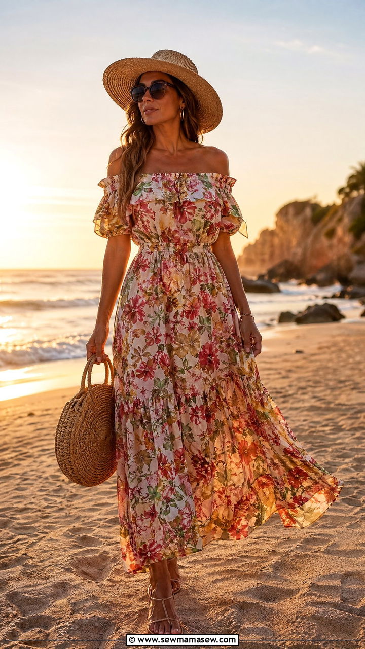 Off Shoulder Floral Maxi Dress - 35 summer boho chic outfits