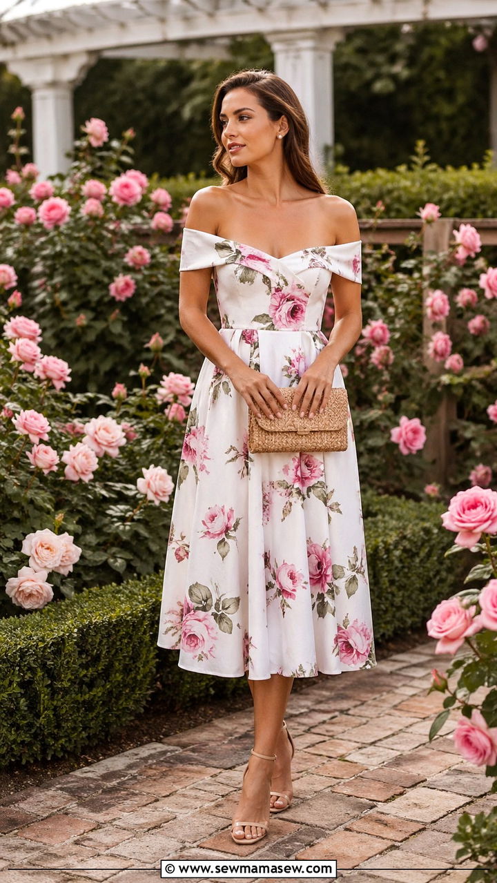 Off Shoulder Floral Midi Dress - 30 Spring flower field photoshoot outfits