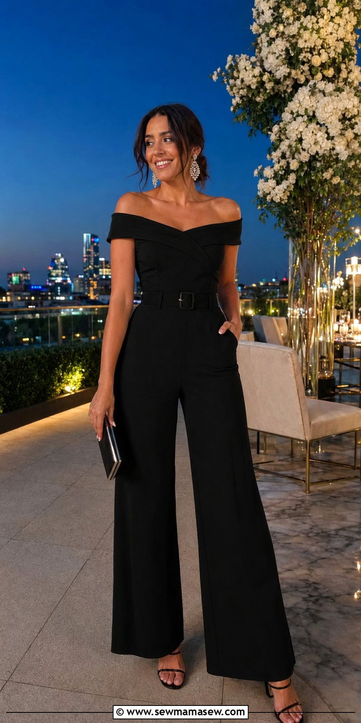 Off Shoulder Jumpsuit Wedding Guest Outfit - 30 Wedding guest outfits for pear shape