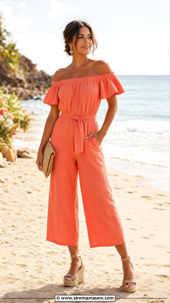 Off Shoulder Jumpsuit for Beach Wedding Guest - 30 Wedding guest jumpsuit outfit ideas