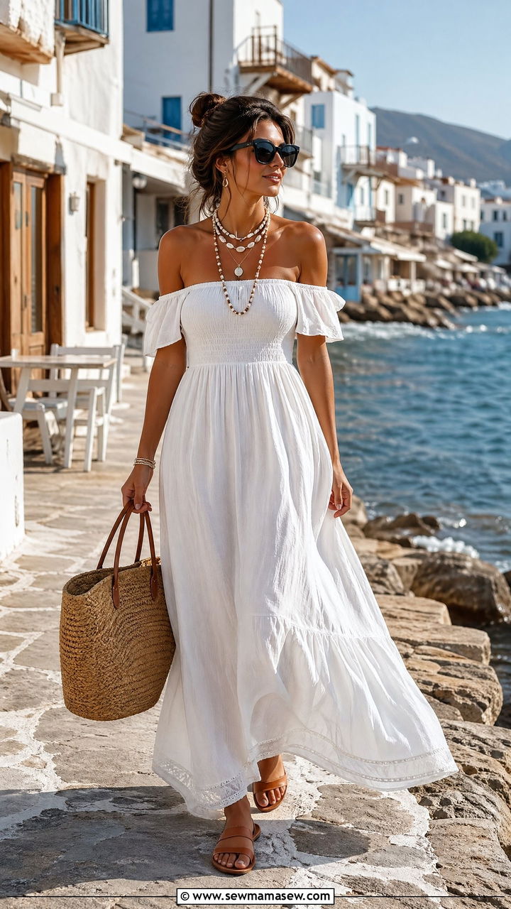 Off Shoulder Maxi Dress And Shell Jewelry Outfit - 35 Summer outfit templates