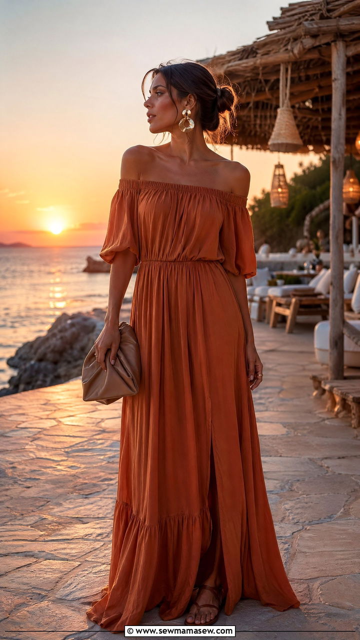 Off Shoulder Maxi Dress Resort Sunset Outfit - 35 what to wear on a resort vacation