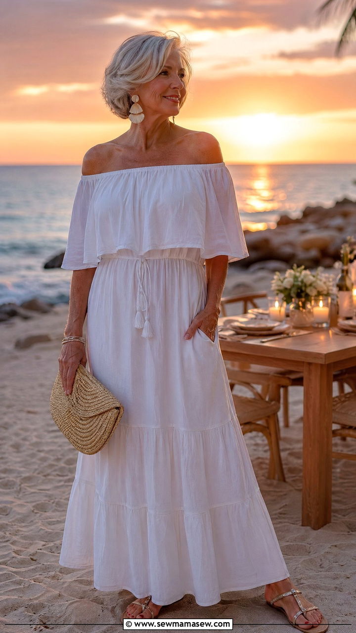 Off Shoulder Maxi Dress Vacation Look - 35 Vacation outfits for women over 60