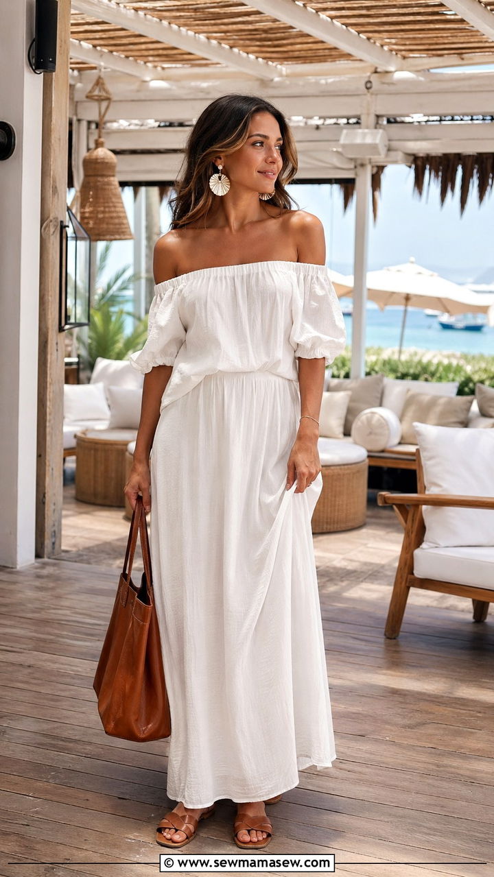 Off Shoulder Maxi Dress With Statement Earrings - 30 spring beach trip outfit ideas