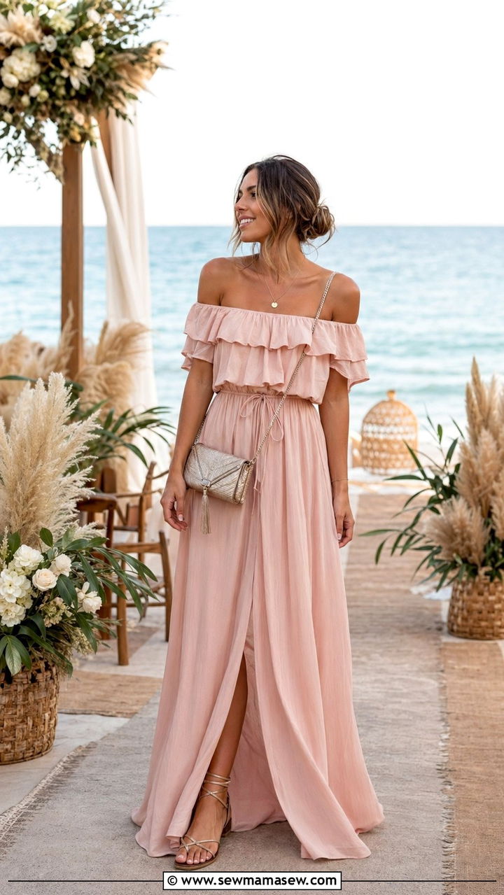 Off Shoulder Maxi Dress With Strappy Sandals - 35 Outdoor wedding guest outfits