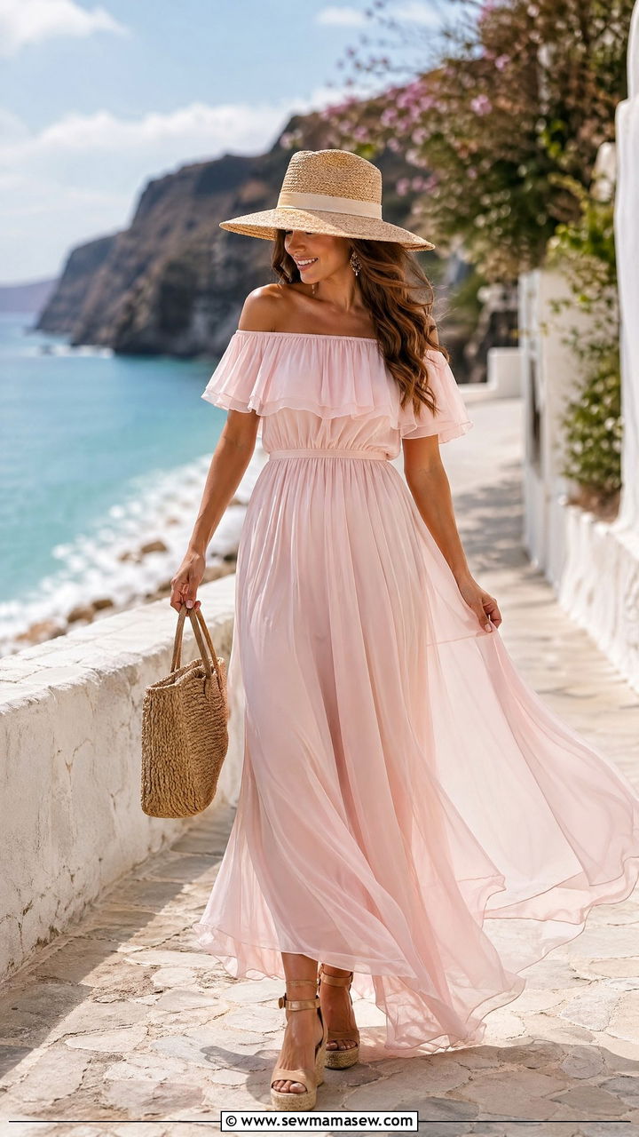 Off Shoulder Maxi Dress With Wedge Espadrilles - 35 what to wear to a bridal shower