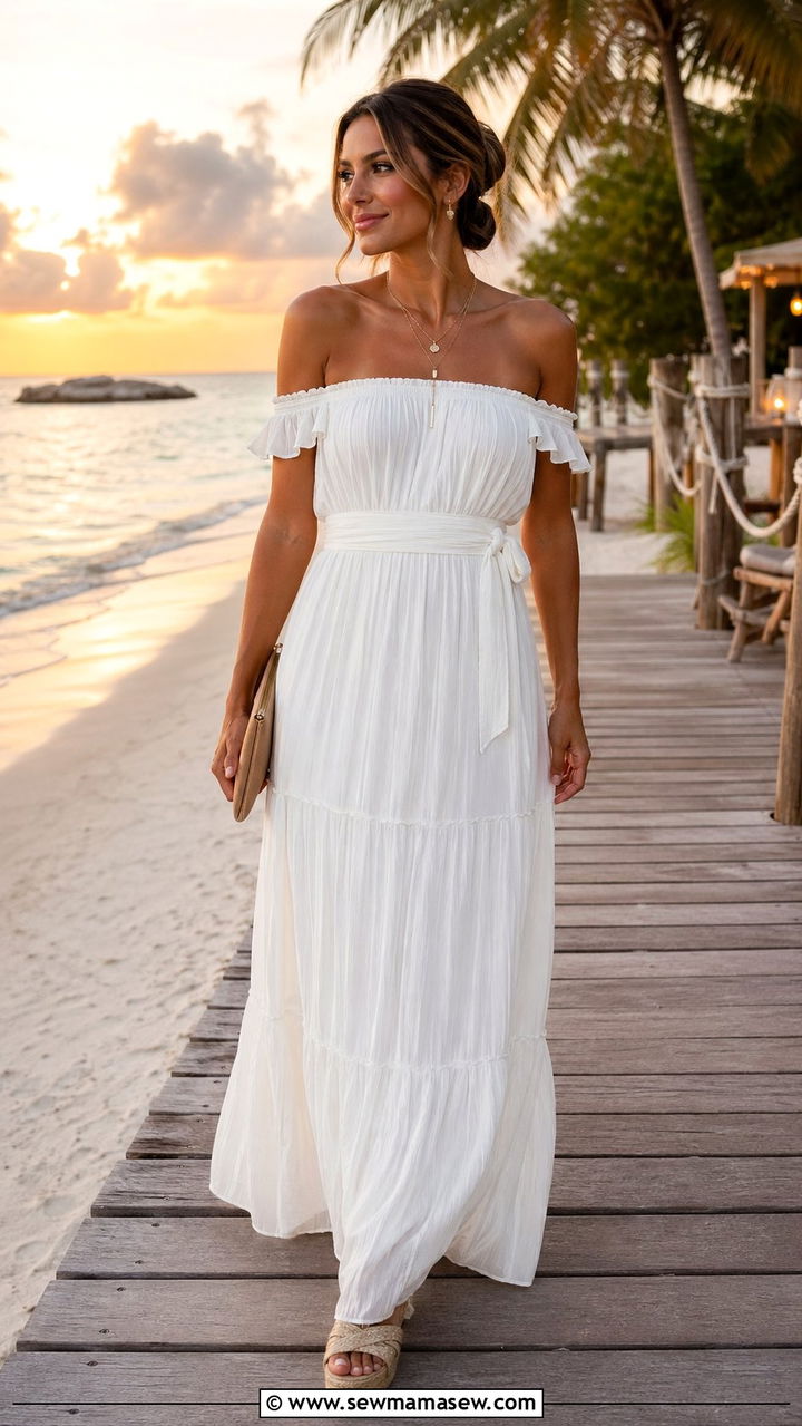 Off Shoulder Maxi Dress With Wedge Sandals - 30 Bahamas vacation outfit ideas