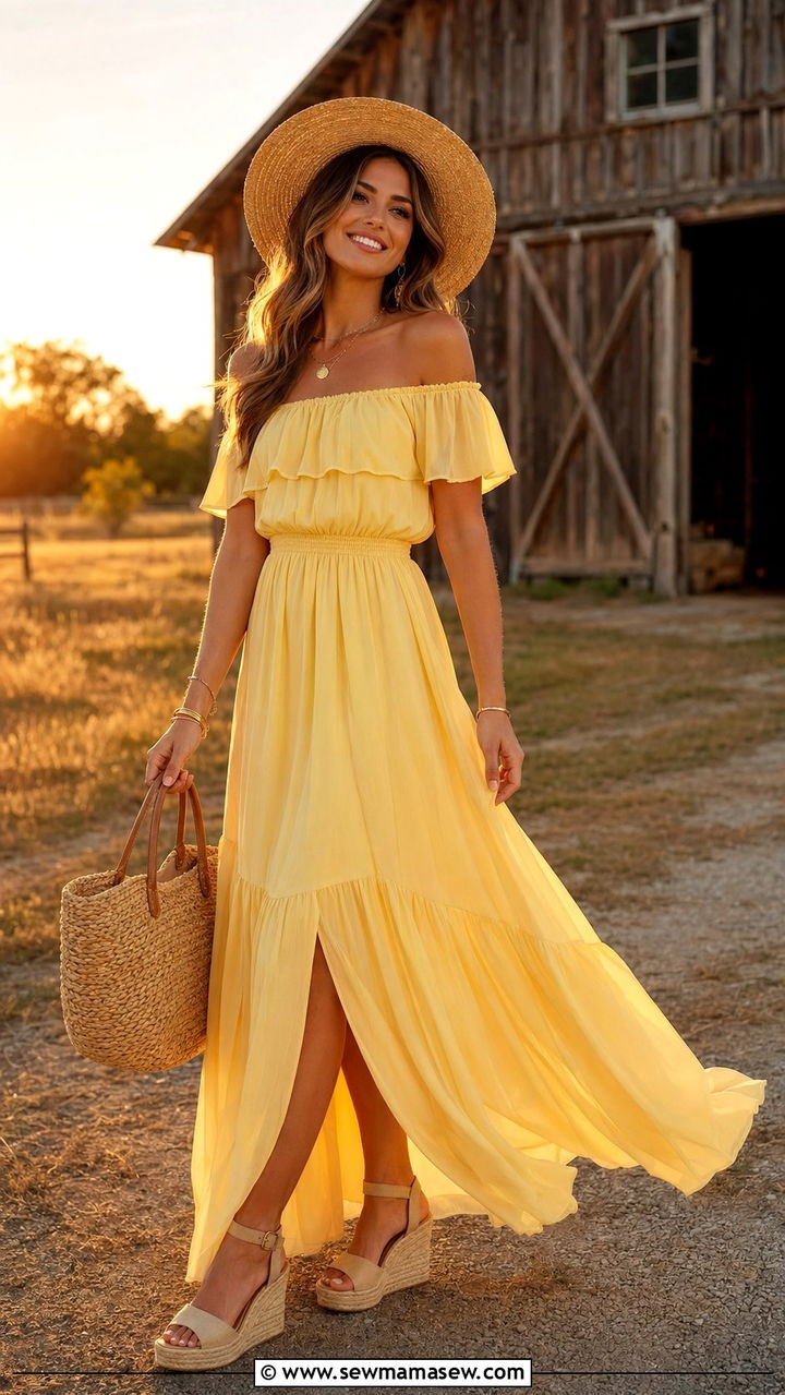 Off Shoulder Maxi Dress with Espadrilles - 30 Barn wedding guest outfits