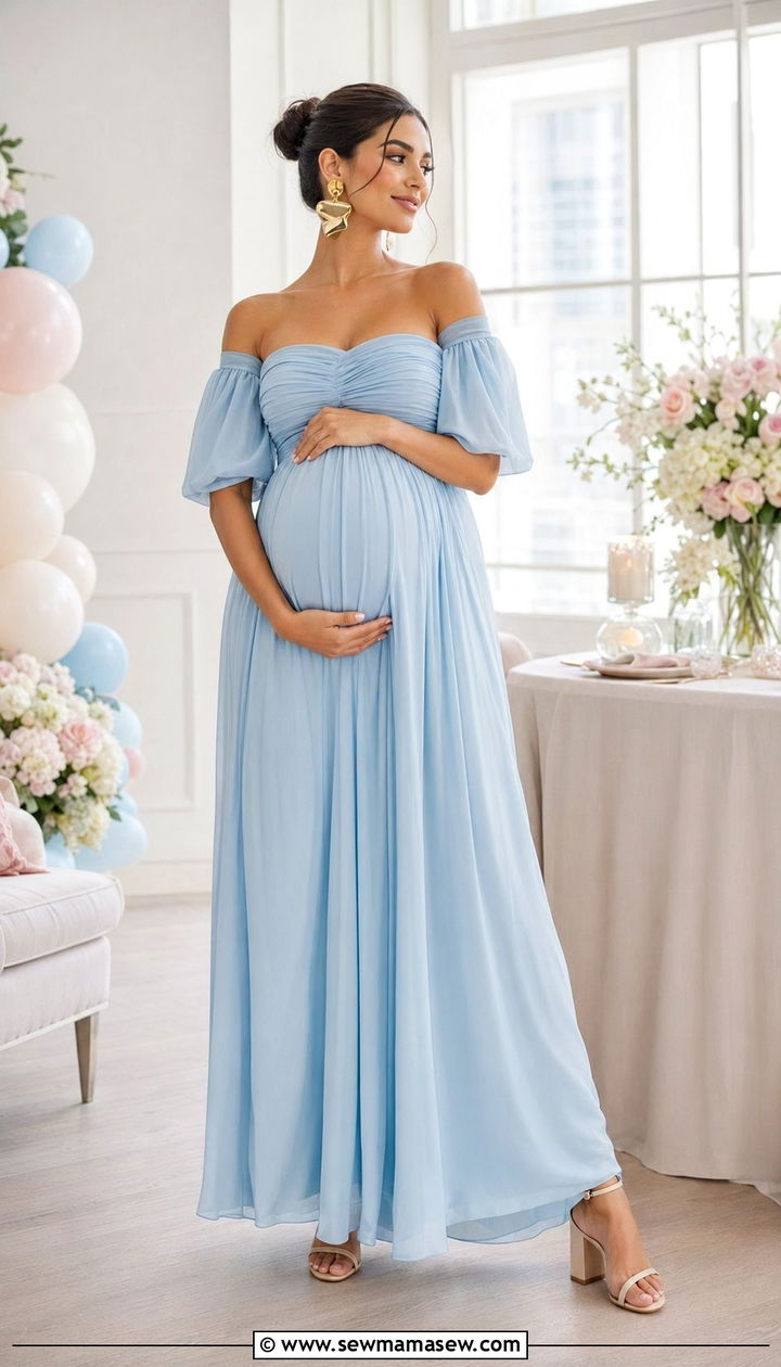 Off Shoulder Maxi Dress with Statement Earrings - 30 what to wear to a baby shower