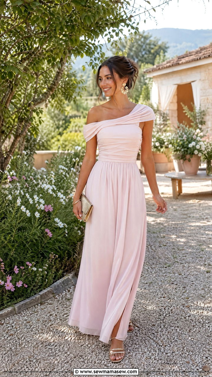 Off Shoulder Maxi Dress with Statement Earrings - 35 Countryside wedding guest outfit ideas