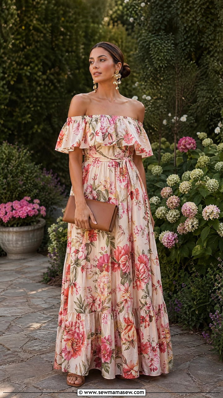 Off Shoulder Maxi Dress with Statement Earrings - 35 Spring garden party outfit ideas
