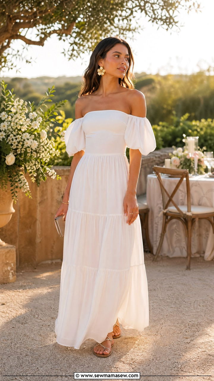 Off Shoulder Maxi Dress with Statement Earrings - 35 Summer garden party outfits
