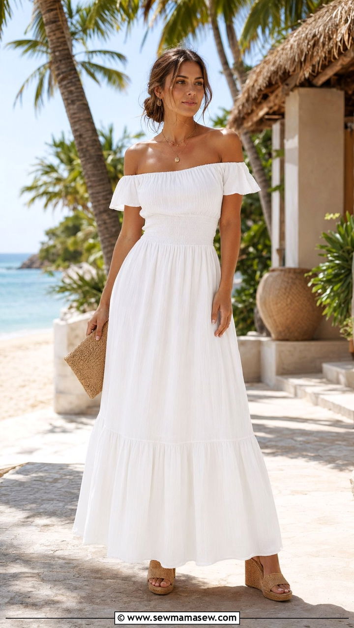 Off Shoulder Maxi Dress with Wedge Sandals - 35 Outfit ideas for pear shape