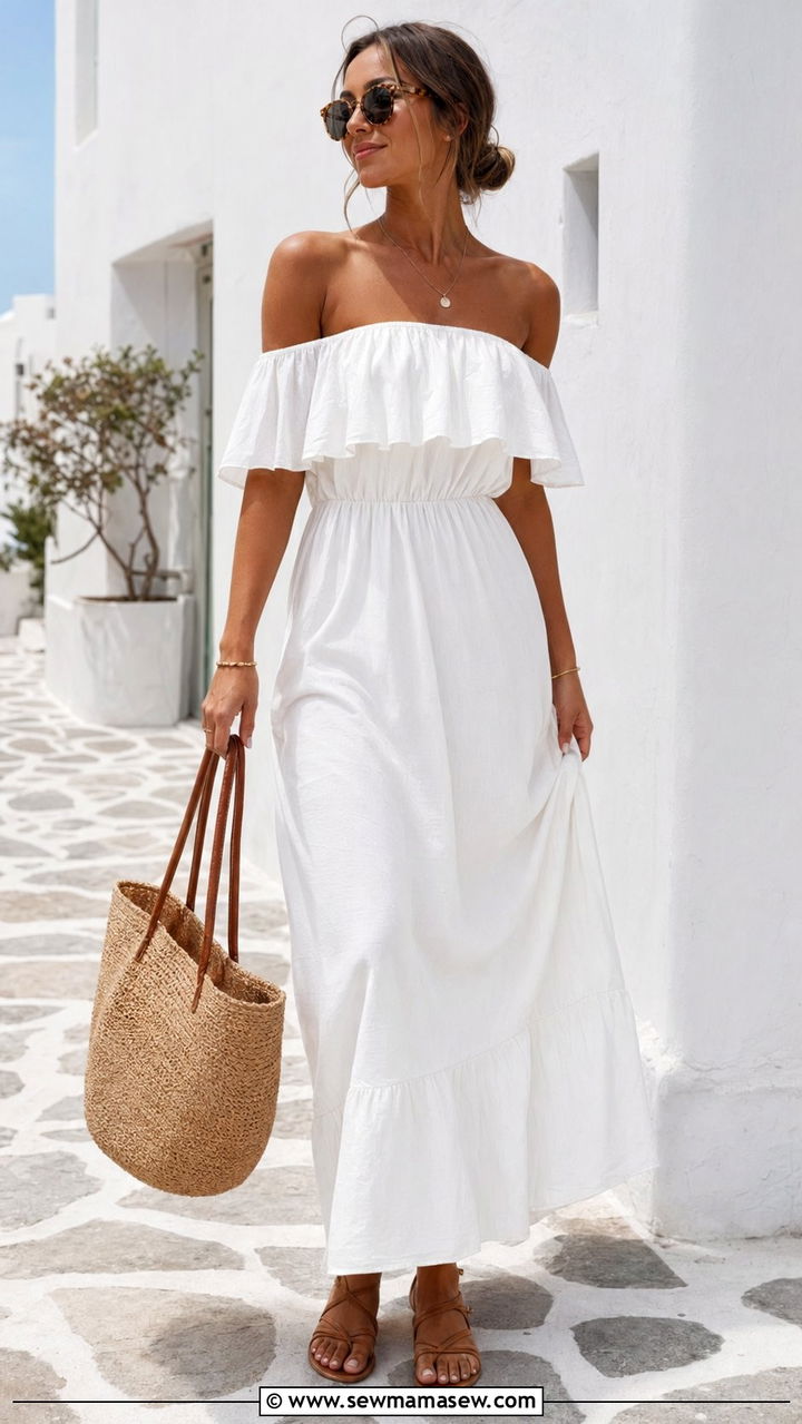 Off Shoulder Maxi Dress with Woven Tote - 35 resort vacation outfit ideas for women