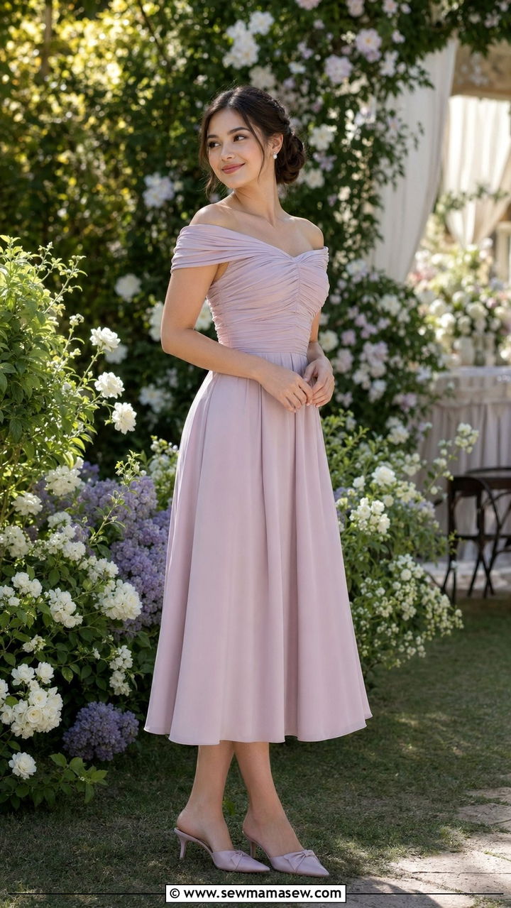 Off Shoulder Midi Dress For Short Waist - 30 wedding guest outfits for short torso women
