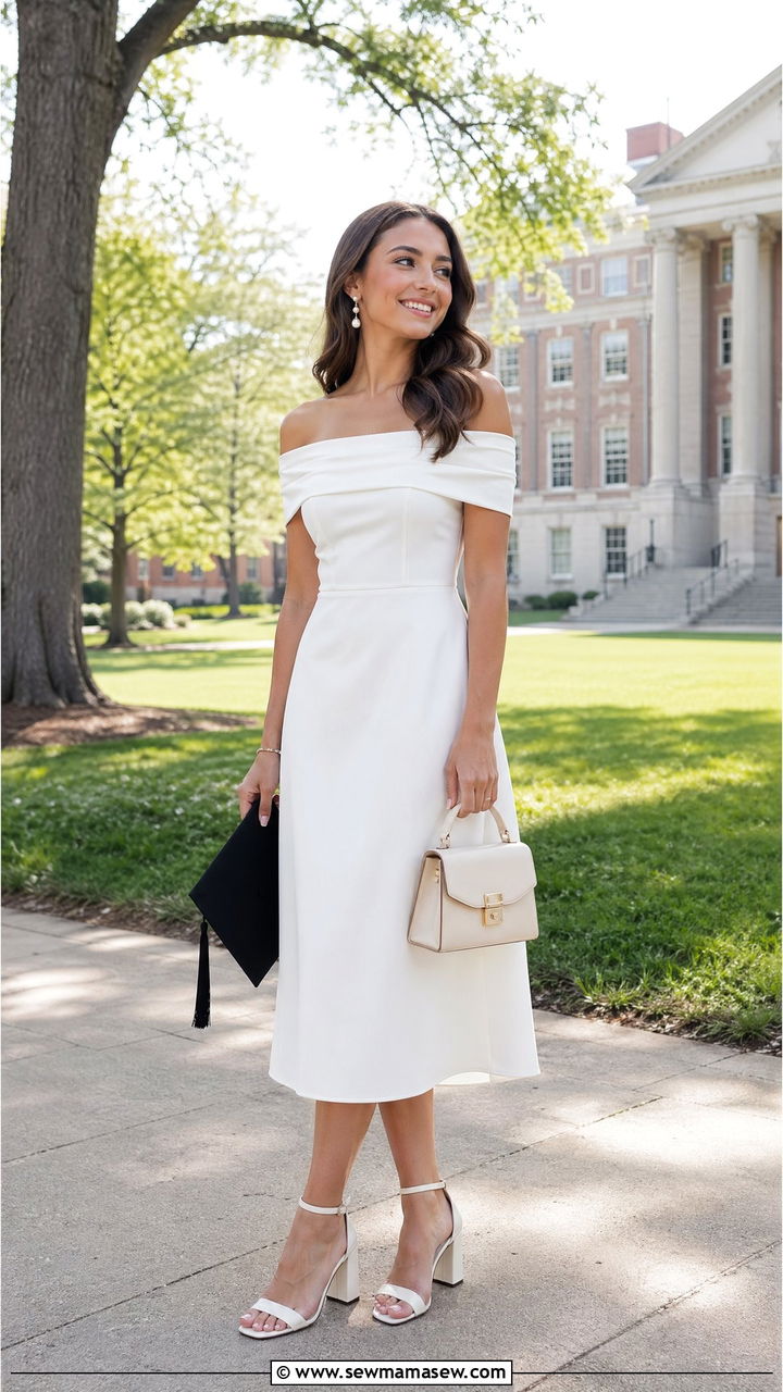 Off Shoulder Midi Dress With Block Heels - 35 classy graduation outfit ideas