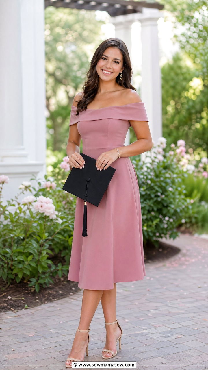 Off Shoulder Midi Dress With Delicate Earrings - 35 College graduation outfit ideas