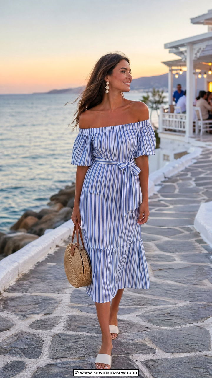 Off Shoulder Midi Dress With Flat Mules - 35 Summer outfits with midi dresses