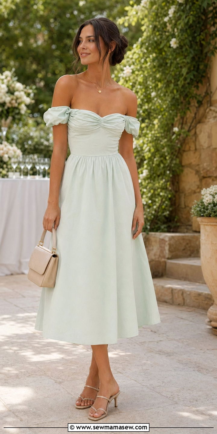 Off Shoulder Midi Dress With Minimal Heels - 30 Wedding guest outfits for hot weather