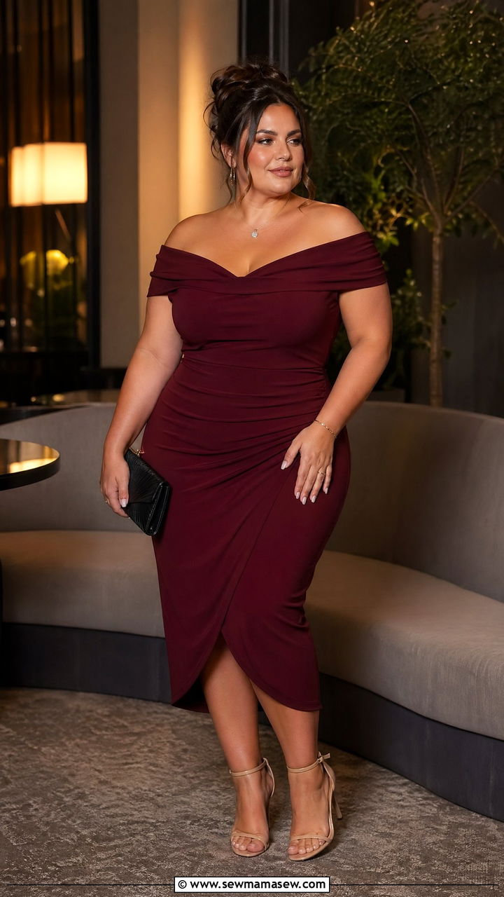 Off Shoulder Midi Dress with Heeled Sandals - 35 classy outfits for plus size women