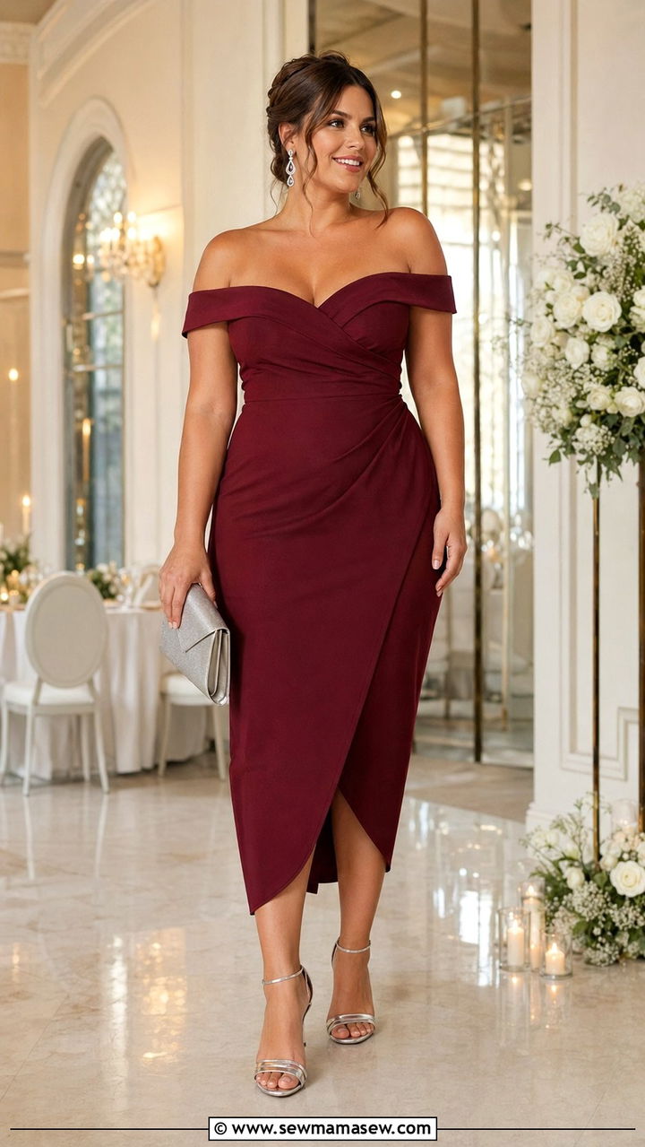 Off Shoulder Midi Dress with Metallic Heels for Midsize Wedding Guest - 30 Wedding guest outfits for midsize women