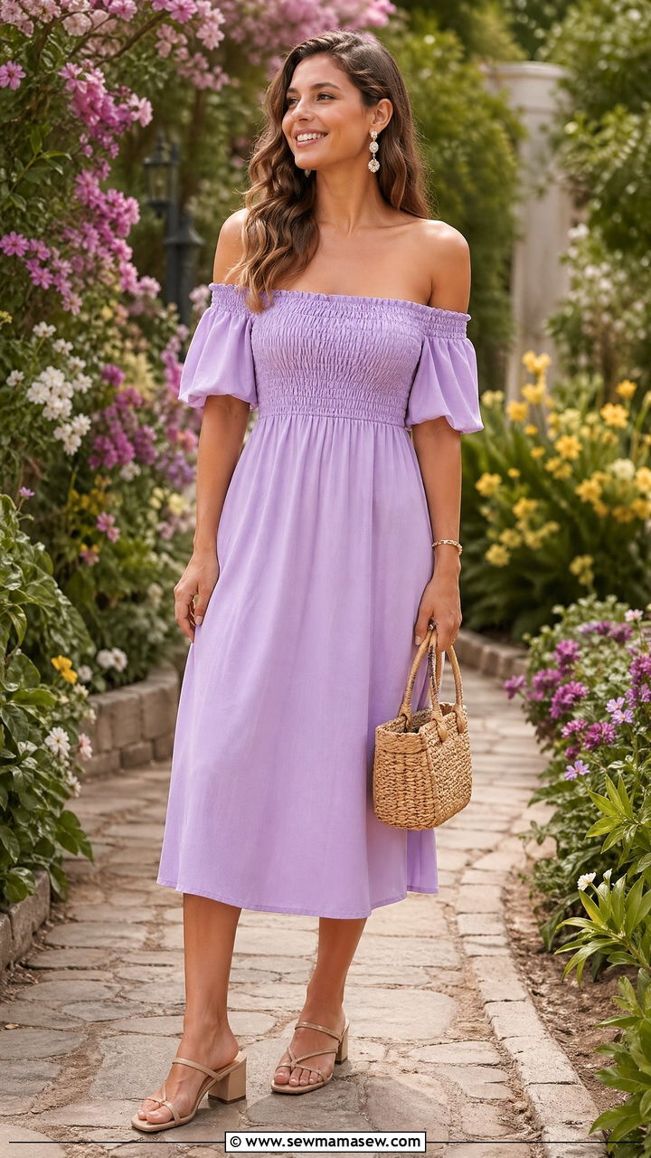 Off Shoulder Midi Dress with Woven Bag - 35 casual summer wedding guest outfits