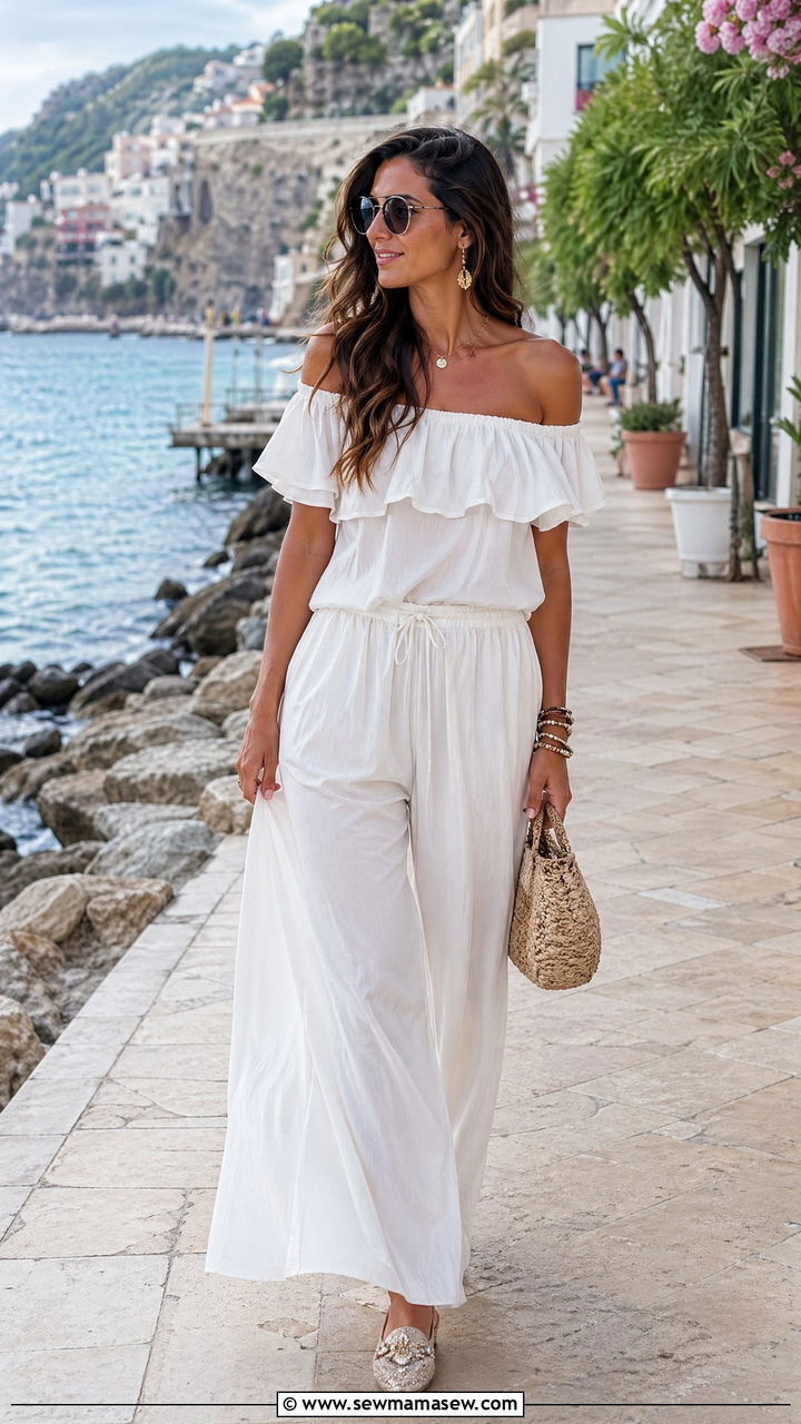 Off Shoulder Ruffled Blouse and Linen Palazzo Pants - 35 spring all white outfit ideas