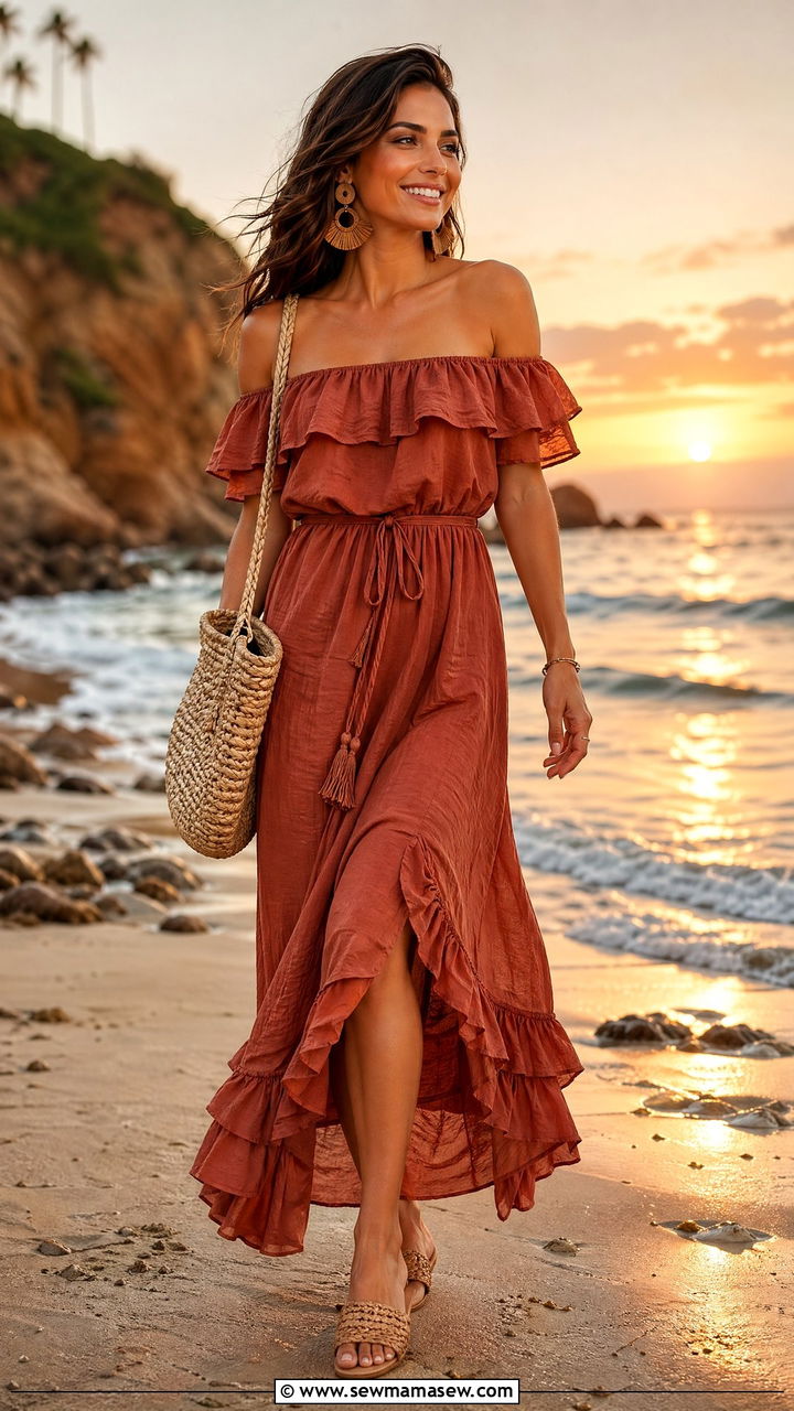 Off Shoulder Ruffled Dress With Woven Sandals Spring Boho - 35 spring boho outfit ideas