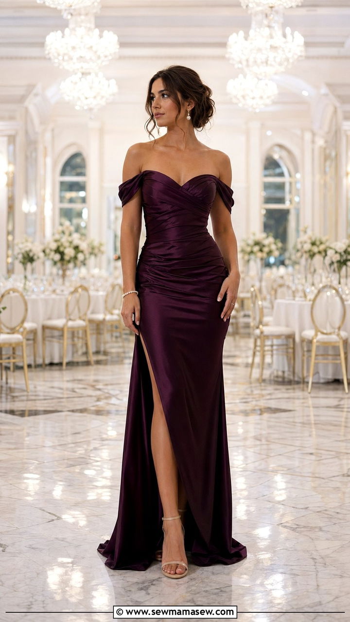 Off Shoulder Satin Gown With Pearl Accents - 30 Black tie event outfit ideas