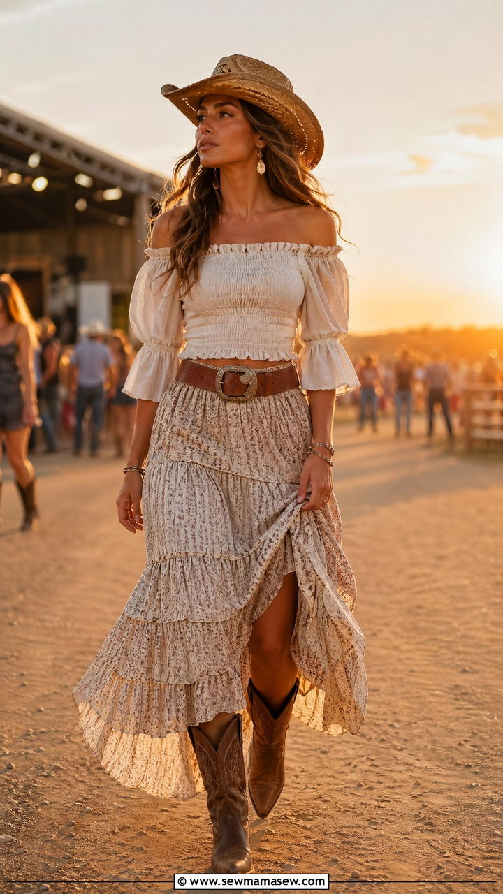 Off Shoulder Smocked Blouse and Tiered Maxi Skirt - 35 country concert outfit ideas for women